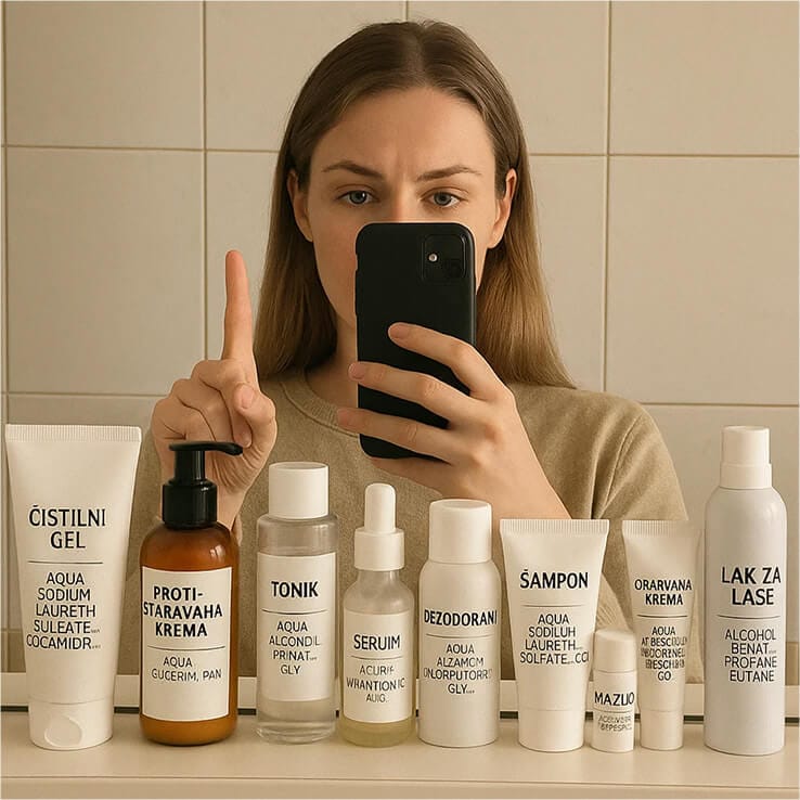 a woman taking a selfie in front of a group of bottles